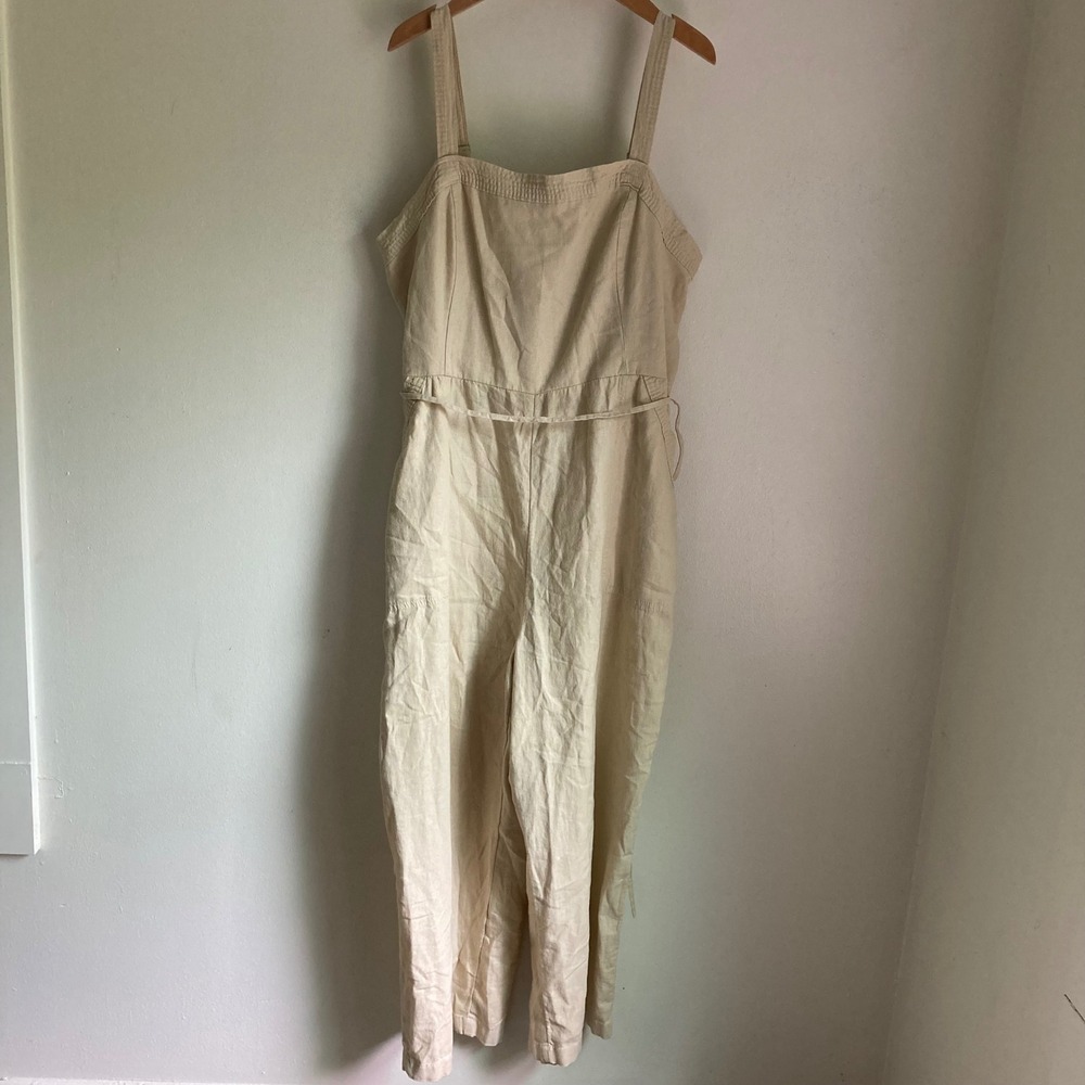 Old Navy Womens XL Linen Blend Sleeveless Wide Leg Jumpsuit Beige Smocked Back